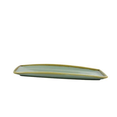 Aqua green rectangular platter (370x140x32mm) perfect for serving appetizers and desserts, enhancing dining aesthetic.