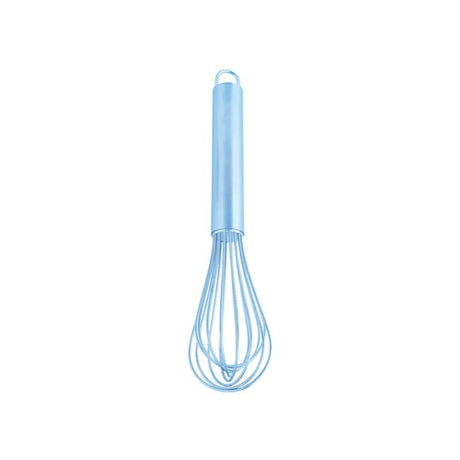 25cm stainless steel whisk with 16 wires, ergonomic handle, and hanging loop for easy storage and versatile mixing.