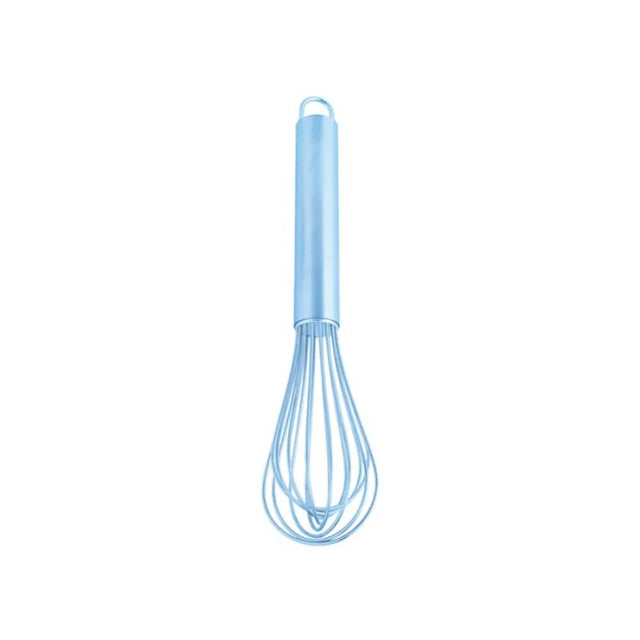 Stainless steel 30cm whisk with 16 wires, ergonomic handle, and convenient hanging loop for easy storage.