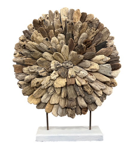 Coastal-inspired 80cm footed decorative circle made from authentic Indonesian driftwood, showcasing unique organic shapes.