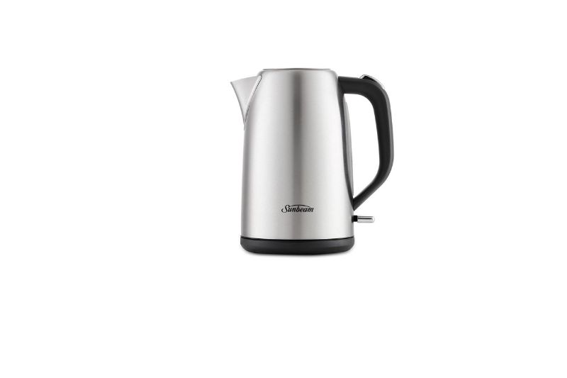 Sleek Sunbeam 1.7L stainless steel kettle with 2400W fast boil, easy fill lid, and 360-degree power base for convenient use.