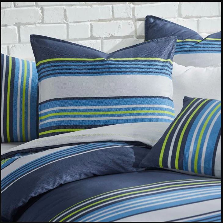 Zayn Blue Breakfast Cushion by Logan & Mason featuring striped herringbone design in blues, white, and neon green accents.