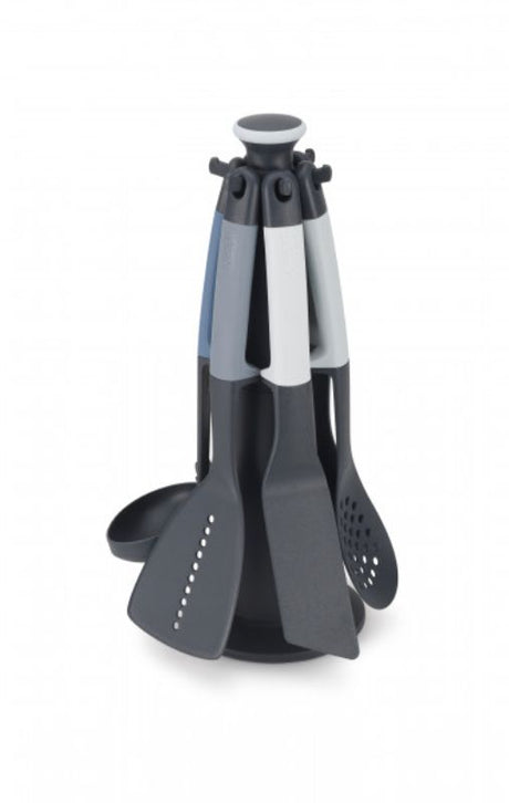 Joseph Joseph Elevate 6-piece Carousel Set in Sky, featuring ergonomic tools with integrated rests for hygienic cooking.