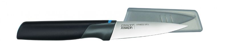 Joseph Joseph Elevate 3.5" paring knife with ergonomic handle, integrated tool rest, Japanese stainless steel blade, and sheath.