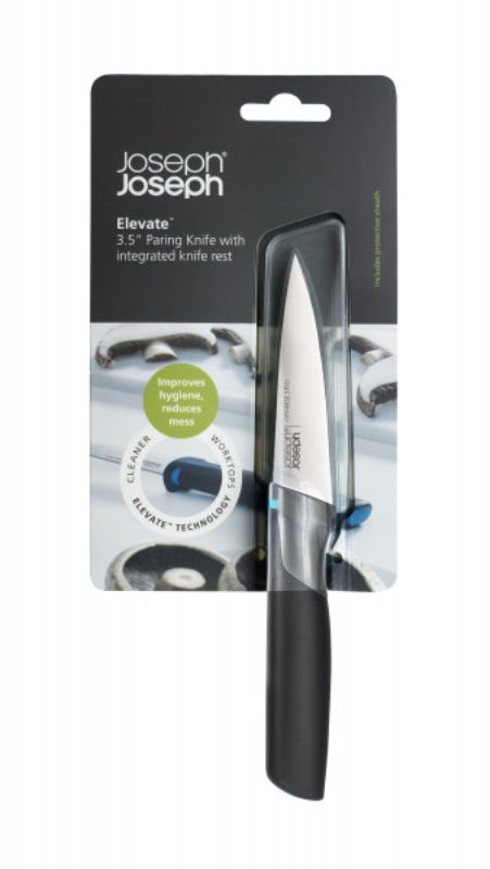 Joseph Joseph Elevate 3.5" Paring Knife featuring a weighted handle, Japanese stainless steel blade, and protective storage sheath.