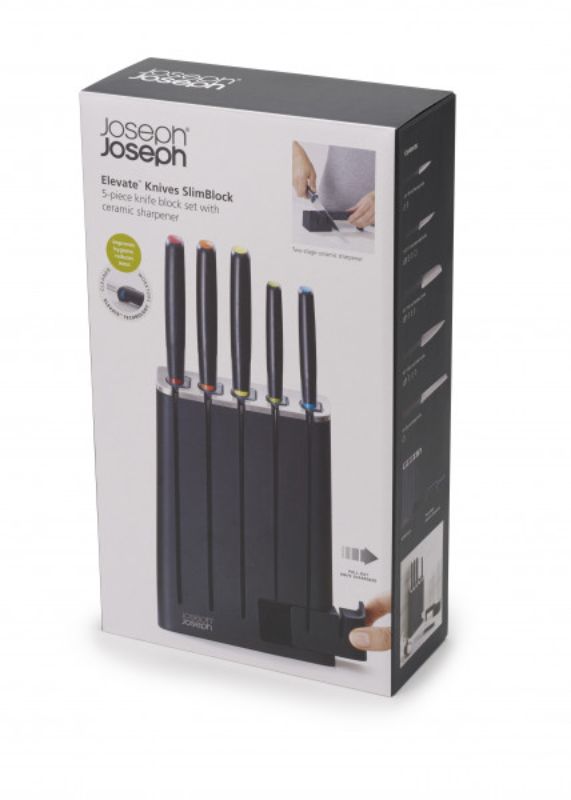 Joseph Joseph Elevate 5-piece knife set in a slim block, featuring stainless steel blades and innovative weighted handles.