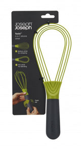 Twist Whisk in grey and green, a versatile kitchen tool that transforms from flat to balloon whisk for easy mixing and storage.