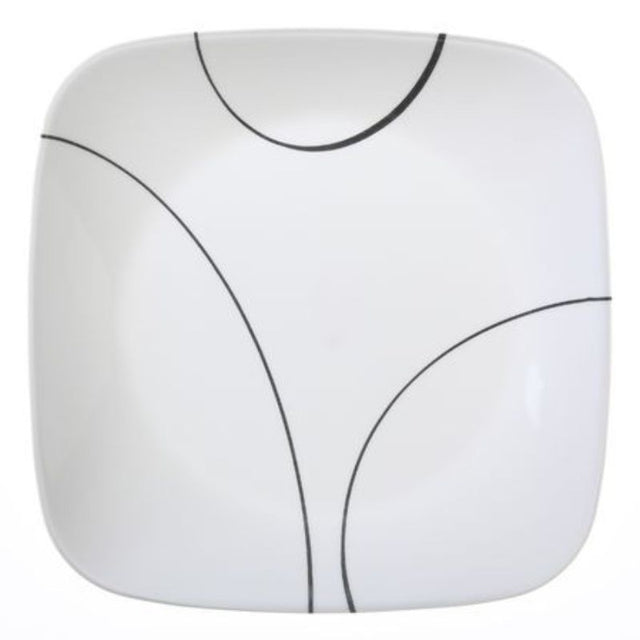 Set of 6 Corelle Simple Lines Plates, 22cm, featuring sleek black curves on white, durable and elegant for any meal.