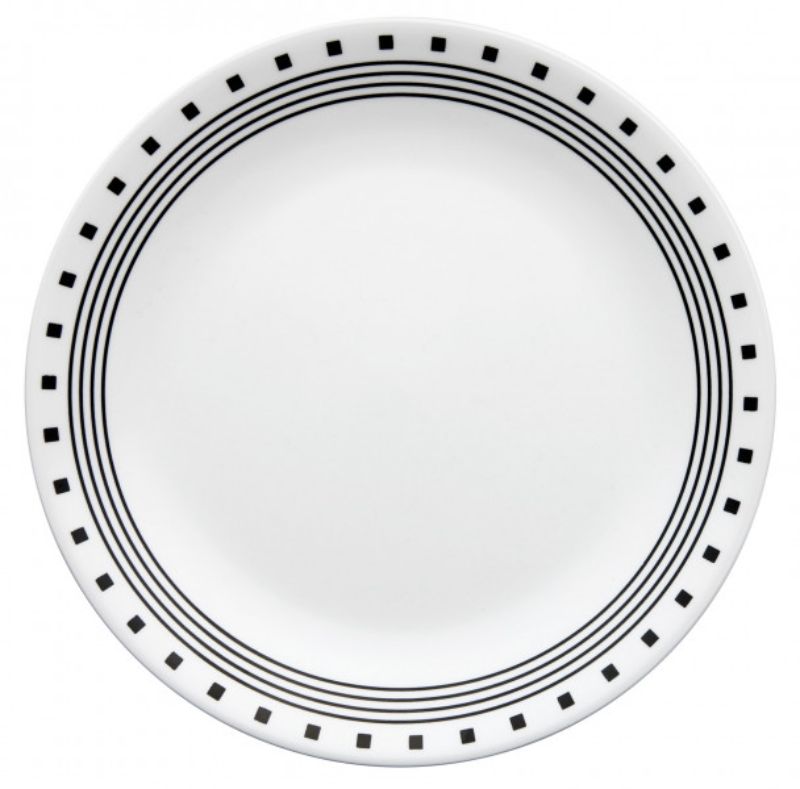 Corelle City Block Plates set of 6, 26cm, featuring black-and-white designs, chip-resistant, and microwavable dinnerware.