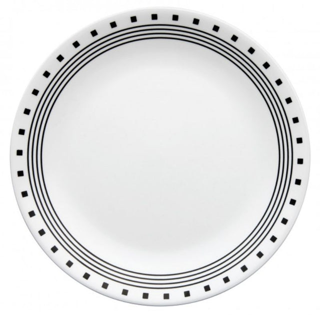 Corelle City Block Plates set of 6, 26cm, featuring black-and-white designs, chip-resistant, and microwavable dinnerware.