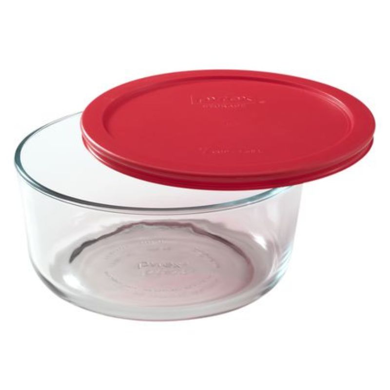 Pyrex 7 Cup Round Container with Red Lid, durable glass, microwave-safe, ideal for food storage and on-the-go meals.