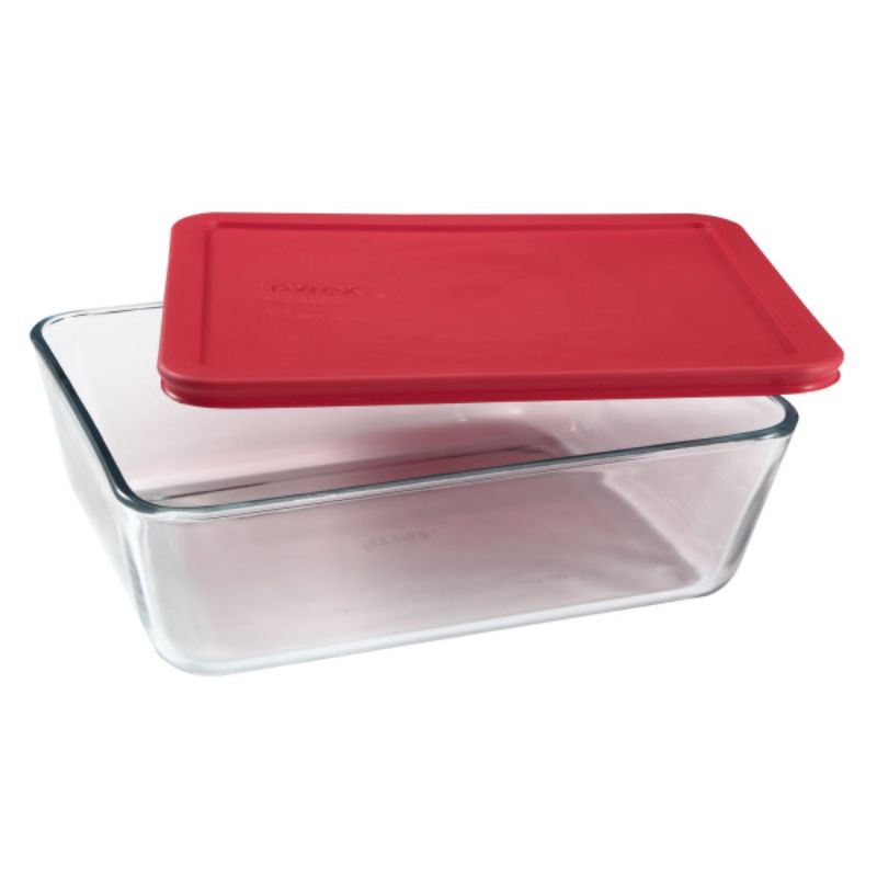 Pyrex Simply Store™ 11 Cup Rectangle Container with Red Lid, perfect for versatile food storage and microwave-safe.