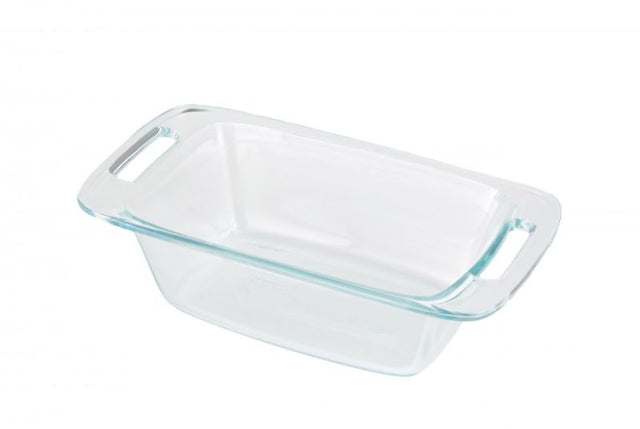 Pyrex Easy Grab 1.4L Loaf Dish set of 4 with large handles, durable glass, ideal for baking and easy transport.