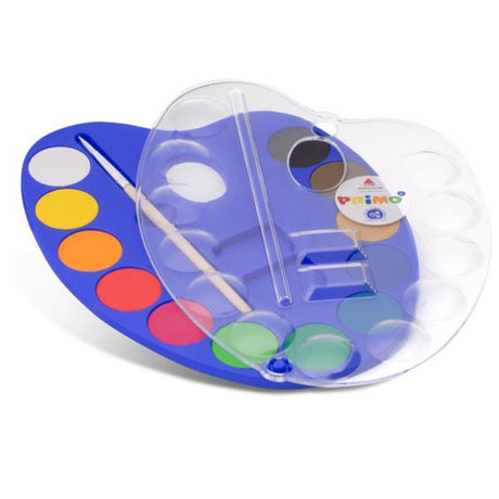 Vibrant PRIMO Watercolour Tablets set of 12 in a plastic palette, perfect for creating bright, opaque washes and pastel shades.