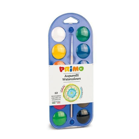 PRIMO Watercolour Tablets 30mm set includes 12 vibrant colors in a plastic box, perfect for artists of any skill level.