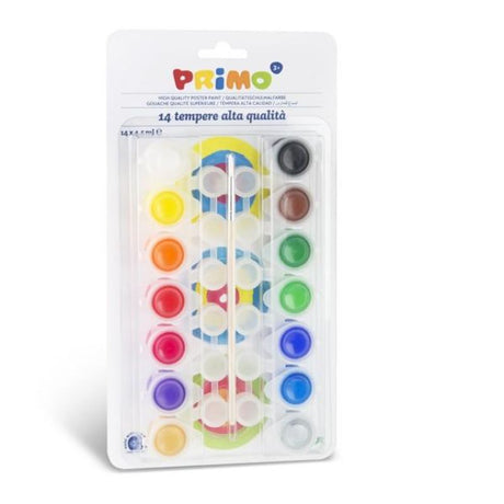 Vibrant PRIMO POSTER PAINT set of 14, perfect for various surfaces and safe for all ages, ideal for creative projects.