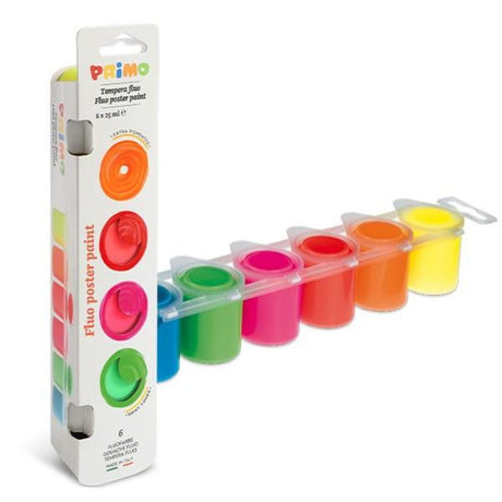 Set of 6 fluorescent poster paints in 25ml tubes, ideal for vibrant art on multiple surfaces. Perfect for all ages.