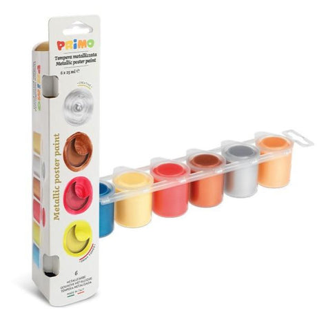 Vibrant metallic poster paint set of 6, ideal for various surfaces, perfect for artists of all ages, non-toxic and easy to use.