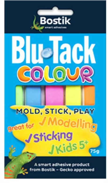 Vibrant BOSTIK Blu Tack Colour 75g, a versatile, non-toxic adhesive for crafting, organizing, and decorating projects.