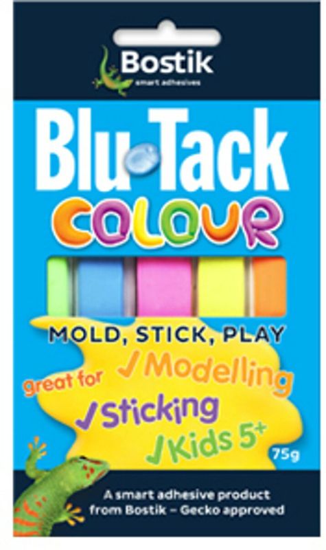 Vibrant BOSTIK Blu Tack Colour 75g, a versatile, non-toxic adhesive for crafting, organizing, and decorating projects.