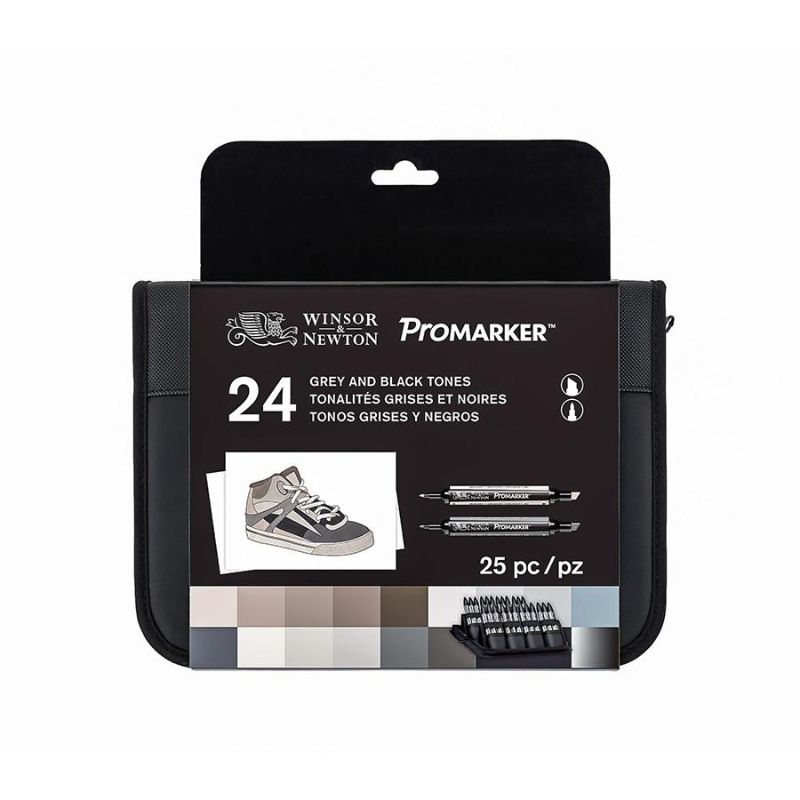 WINSOR & NEWTON PROMARKER Black & Grey Set of 24, featuring diverse tones for blending, shading, and tonal artwork.