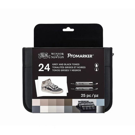 WINSOR & NEWTON PROMARKER Black & Grey Set of 24, featuring diverse tones for blending, shading, and tonal artwork.