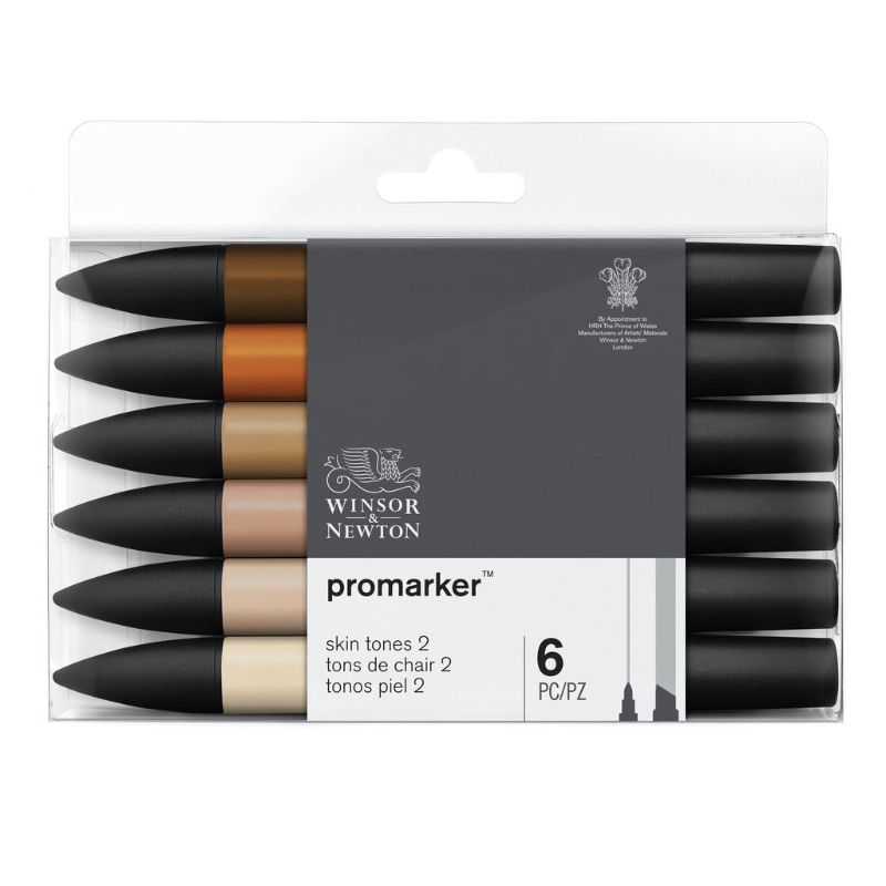 Set of 6 Winsor & Newton Promarker Skin Tones including Burnt Sienna, Cinnamon, Tan, Blush, Dusky Pink, and Spice for realistic portraits.