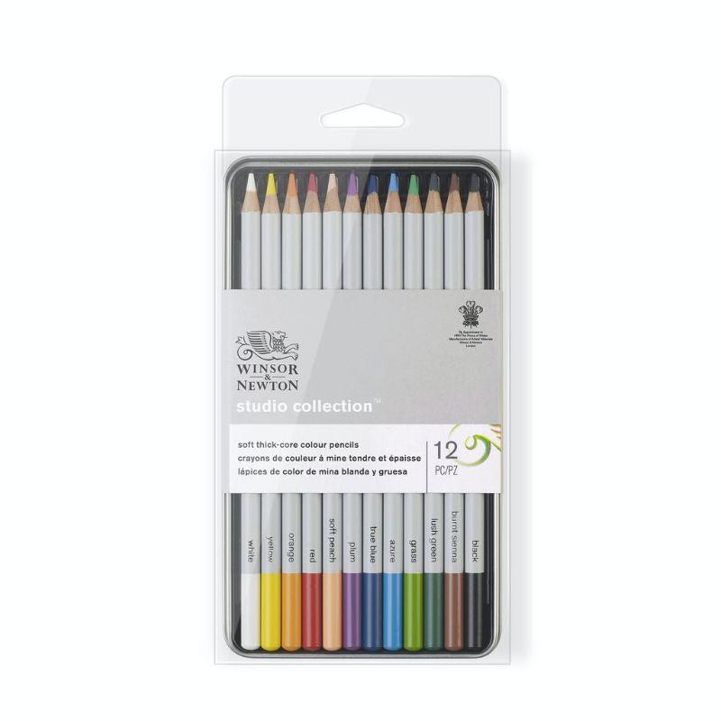 WINSOR & NEWTON STUDIO COLOURED PENCIL TIN featuring 12 vibrant pencils for smooth blending and rich color application.