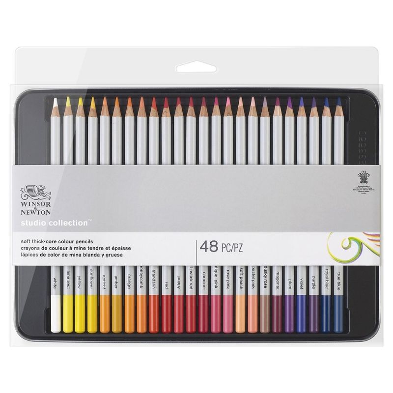 WINSOR & NEWTON Studio Coloured Pencil Tin featuring 48 vibrant, thick-core pencils for blending, shading, and artistic expression.