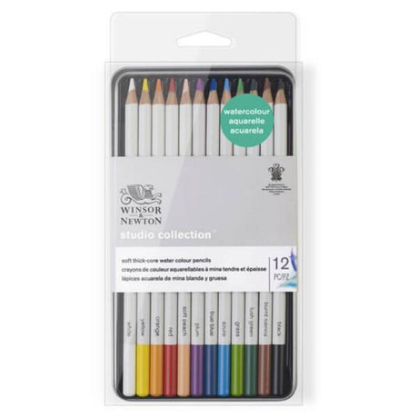 WINSOR & NEWTON Studio Watercolour Pencil Tin with 12 vibrant, thick-core pencils for versatile dry and wet art applications.