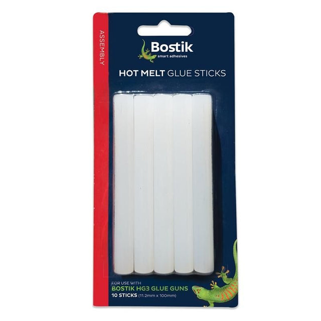 BOSTIK hot melt glue sticks pack of 10, ideal for crafting and repairs, ensuring clear, instant adhesion with no fumes.