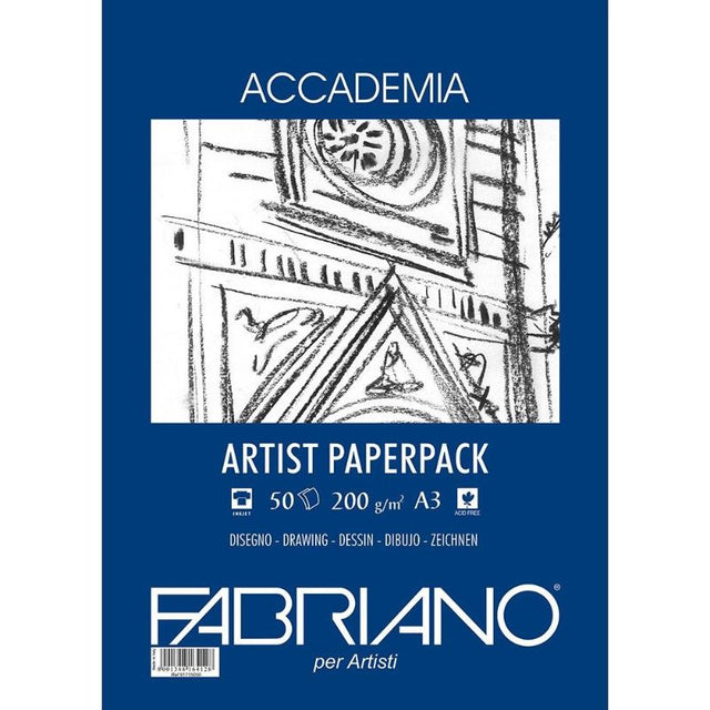 Premium Fabriano Accademia A3 drawing paper, 200GSM, 50 sheets, ideal for various mediums, resistant to fading and erasing.