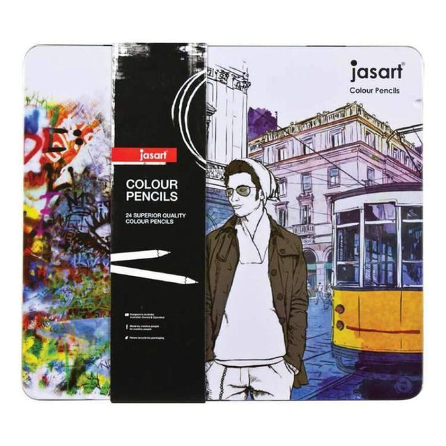 JASART STUDIO COLOUR PENCIL TIN with 24 vibrant, non-toxic, break-resistant pencils for artists and hobbyists.