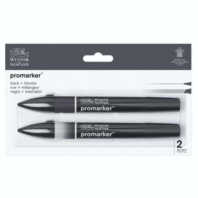 WINSOR & NEWTON Promarker Black + Blender, a dual-tip marker set for depth, precision, and seamless color blending in art.