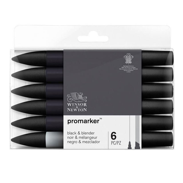 WINSOR & NEWTON Promarker set with 5 black markers and 1 blender for precise detailing and seamless shading in art.