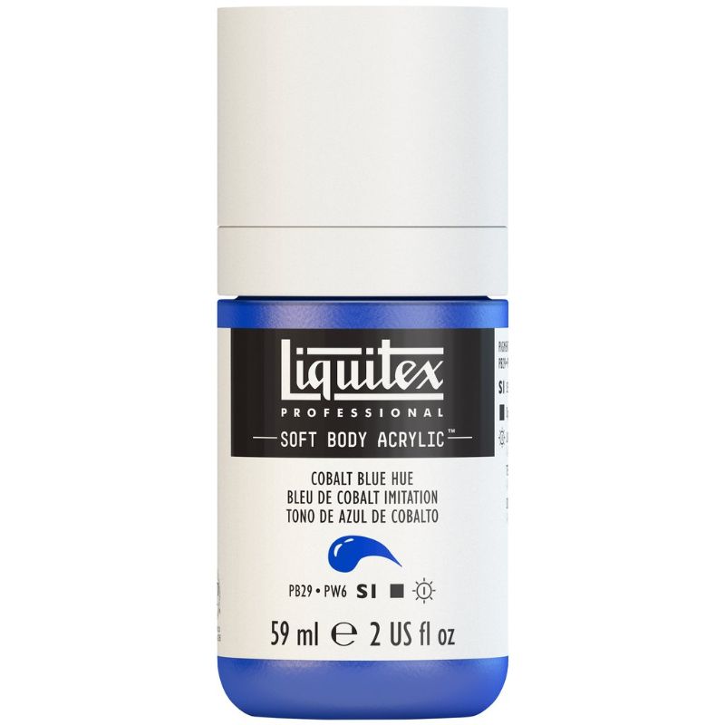 Bright cobalt blue acrylic paint in a 59ml bottle, known for its smooth satin finish and versatile applications for artists.