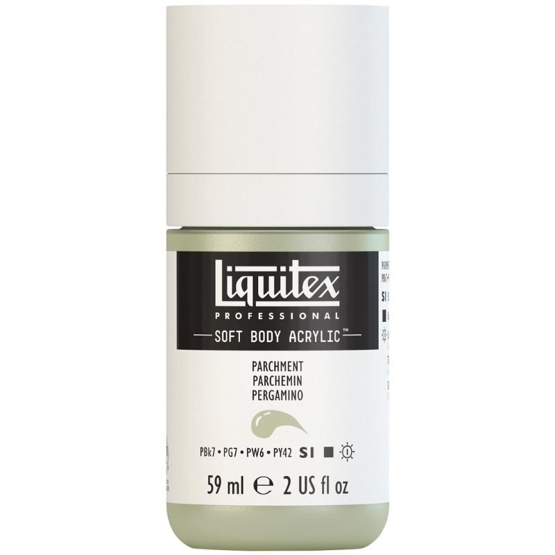 LIQUITEX Professional Soft Body Acrylic Paint in Parchment 436 S1, showcasing vibrant color and a smooth satin finish.