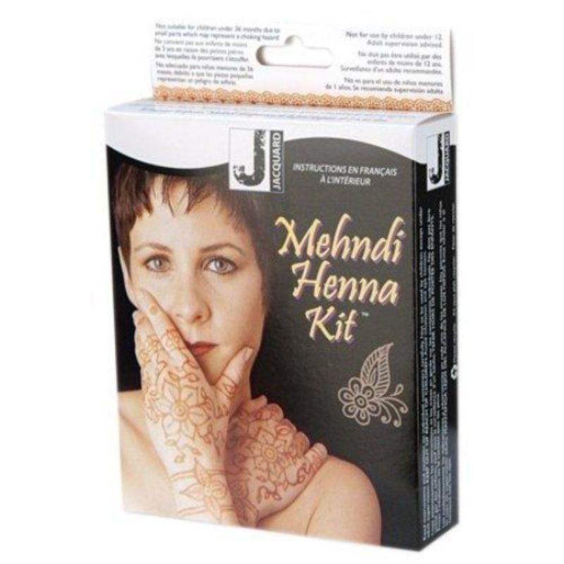 JACQUARD MEHNDI HENNA KIT with henna powder, tools, and instructions for creating intricate Mehndi designs.