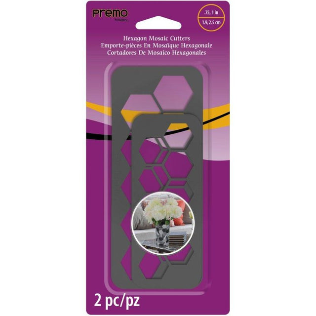 Two Sculpey Premo hexagon cutters (0.75" and 1") for crafting clay mosaics, perfect for jewelry and home decor projects.