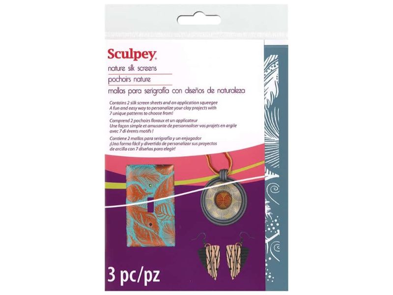 Sculpey Silk Screen Set Nature with two screens featuring bohemian feathers and textured natural designs for clay crafting.