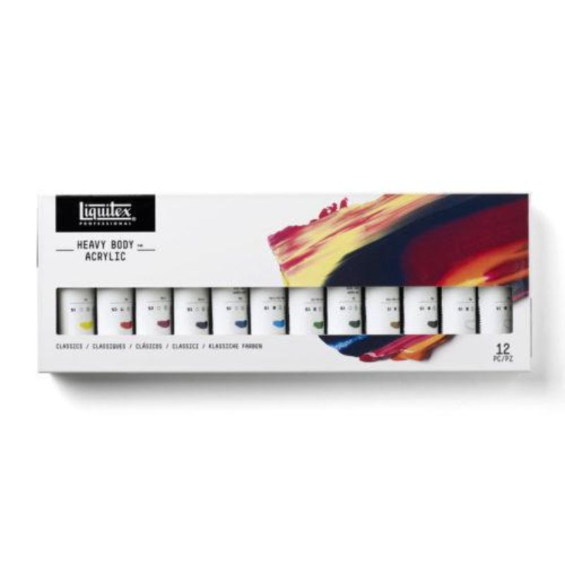 LiQUITEX PRO HEAVY BODY Essentials Set with 12 ultra-pigmented 59ml acrylic paint tubes for vibrant, textured art.