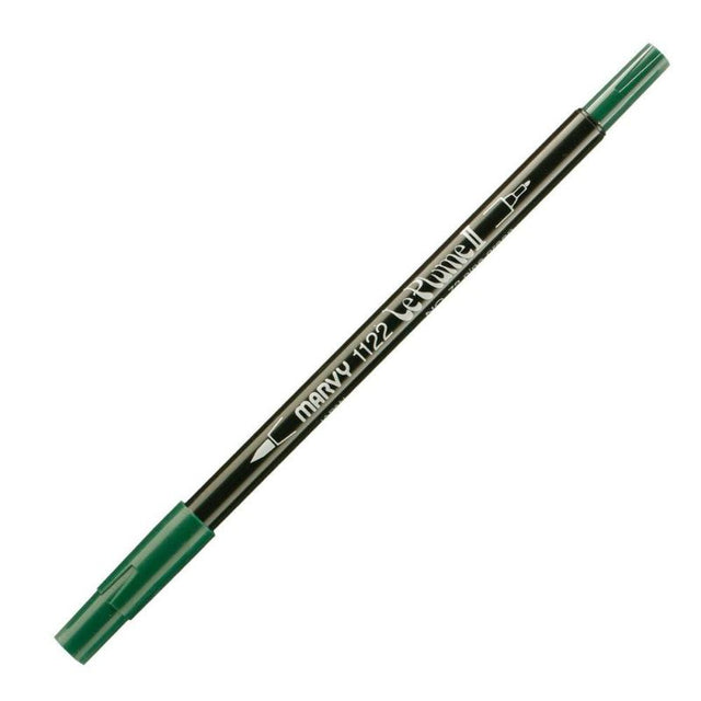 MARVY LE PLUME II Dualtip Marker in Pine Green 72 with brush and fine tips, perfect for vibrant coloring and detailed work.