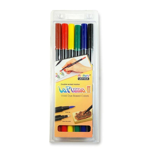 A set of 6 dual tip markers featuring medium brush and fine point tips, ideal for vibrant coloring and artwork creation.