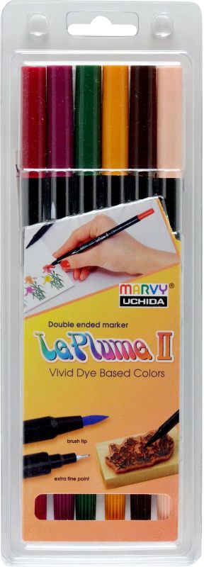 Marvy Le Plume II Dual Tip Marker Set of 6 featuring a brush and fine tip, ideal for vibrant artwork and crafting.