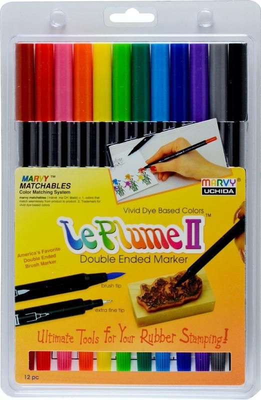 Colorful set of 12 Marvy Le Plume II dual-tip markers showcasing primary colors, perfect for detailed illustration and crafting.