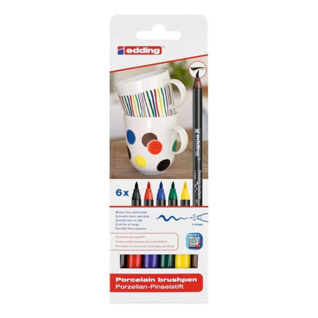 Edding Porcelain Brush Pen Set with 6 vibrant colors for crafting dishwasher-safe designs on porcelain and ceramics.