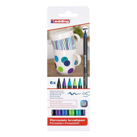 EDING Porcelain Brush Pen Set 6 in Cool colors, featuring flexible nibs for precise, dishwasher-proof artwork on ceramic and glass.