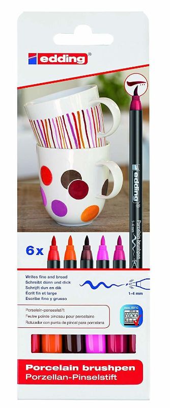 Set of six Edding porcelain brush pens in warm colors, ideal for precise decorating on ceramic and glass surfaces.