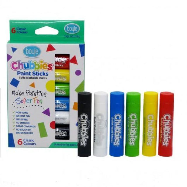 Boyle Chubbies Paint Sticks Set of 6: non-toxic, instant-drying, vibrant colors for mess-free creativity in young artists.