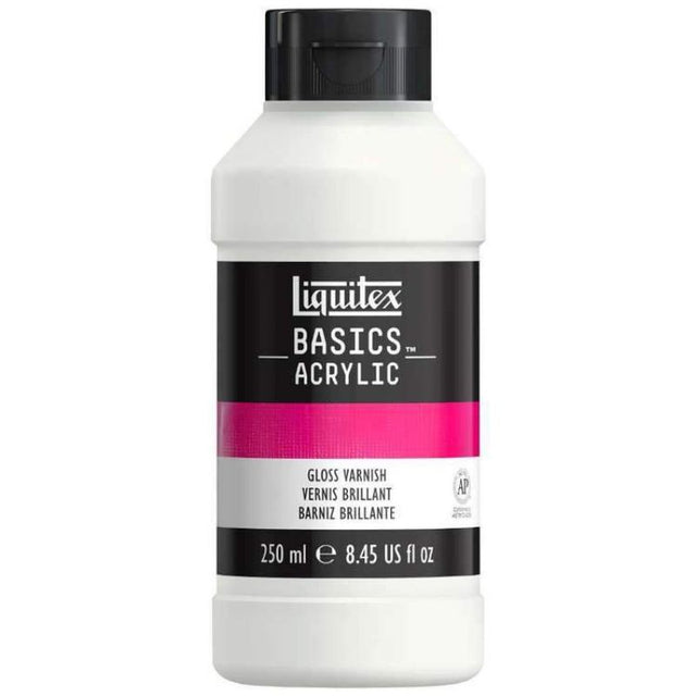 LIQUITEX BASICS 250ML Gloss Varnish offers a glossy finish, enhances colors, and protects paintings from dust and UV light.